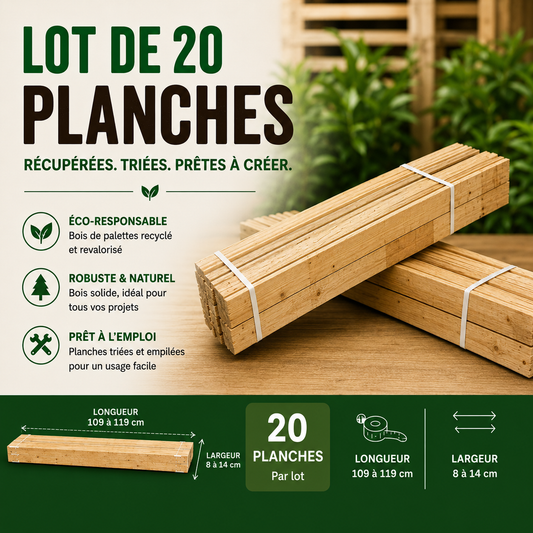 Lot de 20 planches - 109/119 cm - Largeur 8-14 cm