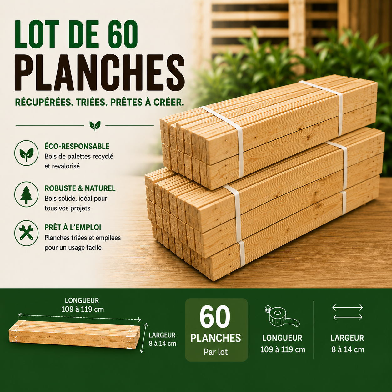 Lot de 60 planches - 109/119 cm - Largeur 8-14 cm