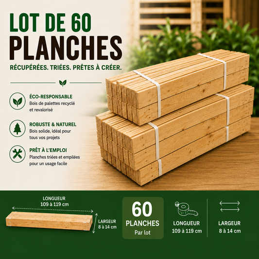 Lot de 60 planches - 109/119 cm - Largeur 8-14 cm