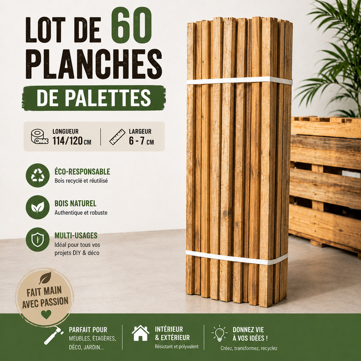 Lot de 60 planches de palettes - 114/120cm